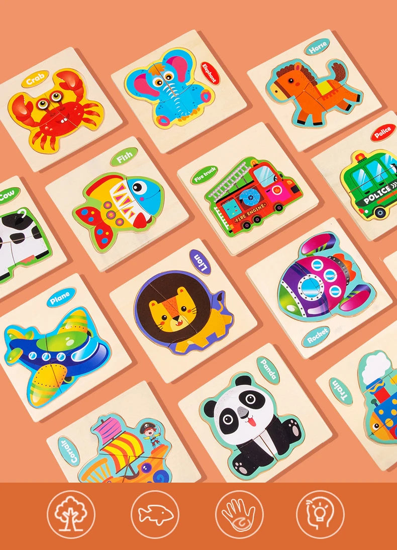 3D Wooden Puzzle Kids Cartoon Animal Traffic Jigsaw Puzzle Montessori Toys for Children Intelligence Early Learning Educational