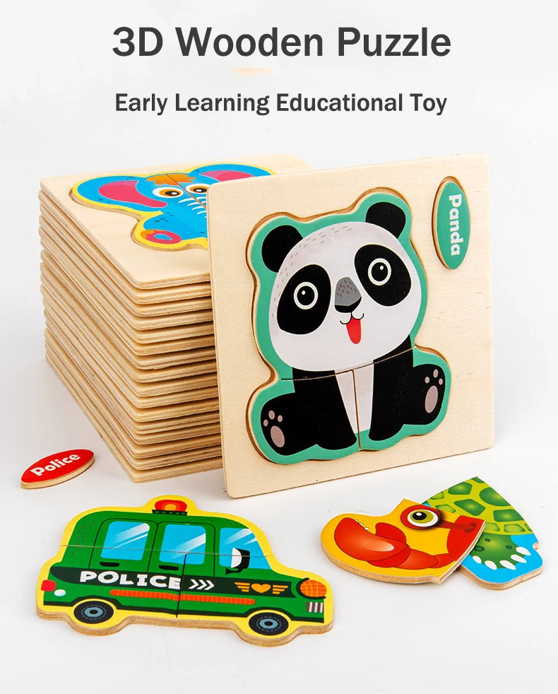 3D Wooden Puzzle Kids Cartoon Animal Traffic Jigsaw Puzzle Montessori Toys for Children Intelligence Early Learning Educational