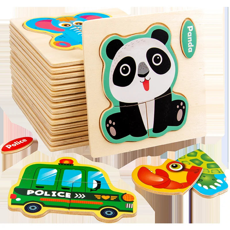 3D Wooden Puzzle Kids Cartoon Animal Traffic Jigsaw Puzzle Montessori Toys for Children Intelligence Early Learning Educational