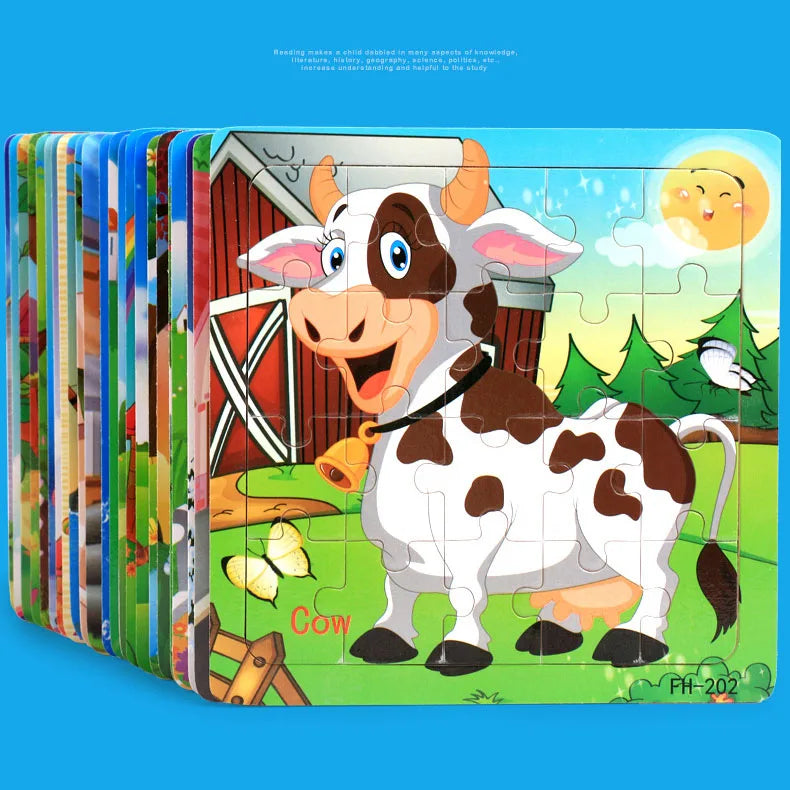 20piece Wooden Puzzle Cartoon Animals Car Letter Number Pattern Jigsaw Puzzles Game Kids Educational Learning Toys for Children