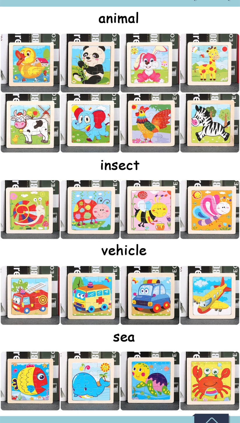 11X11CM Kids Wooden Puzzle Cartoon Animal Traffic Tangram Wood Puzzle Toys Educational Jigsaw Toys for Children GiftS