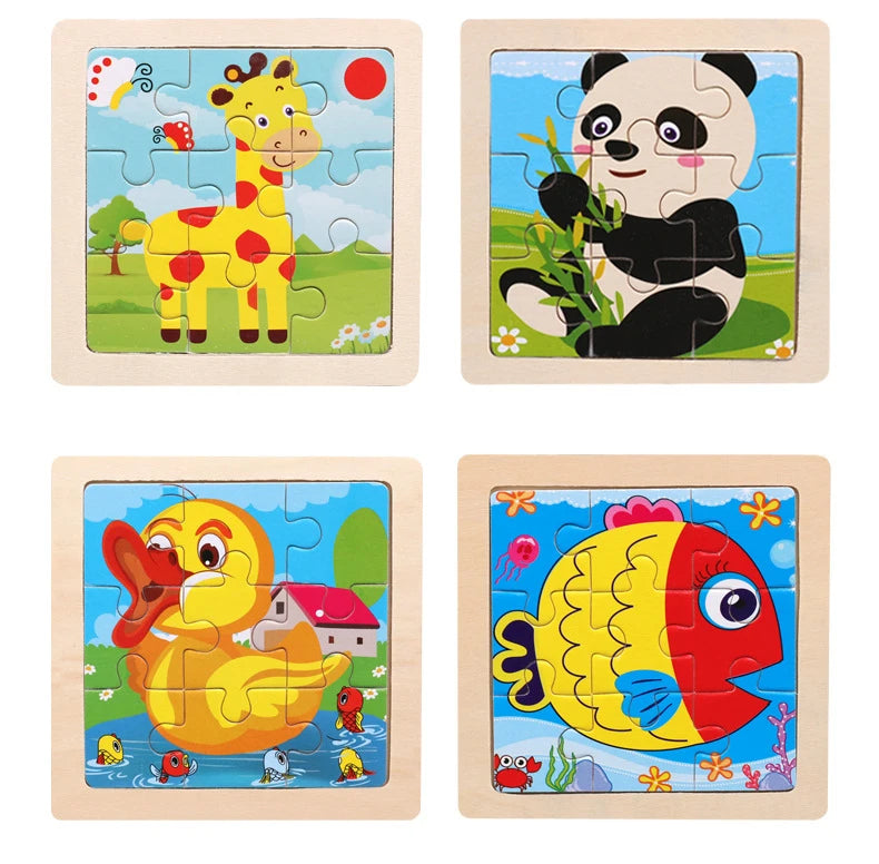 11X11CM Kids Wooden Puzzle Cartoon Animal Traffic Tangram Wood Puzzle Toys Educational Jigsaw Toys for Children GiftS