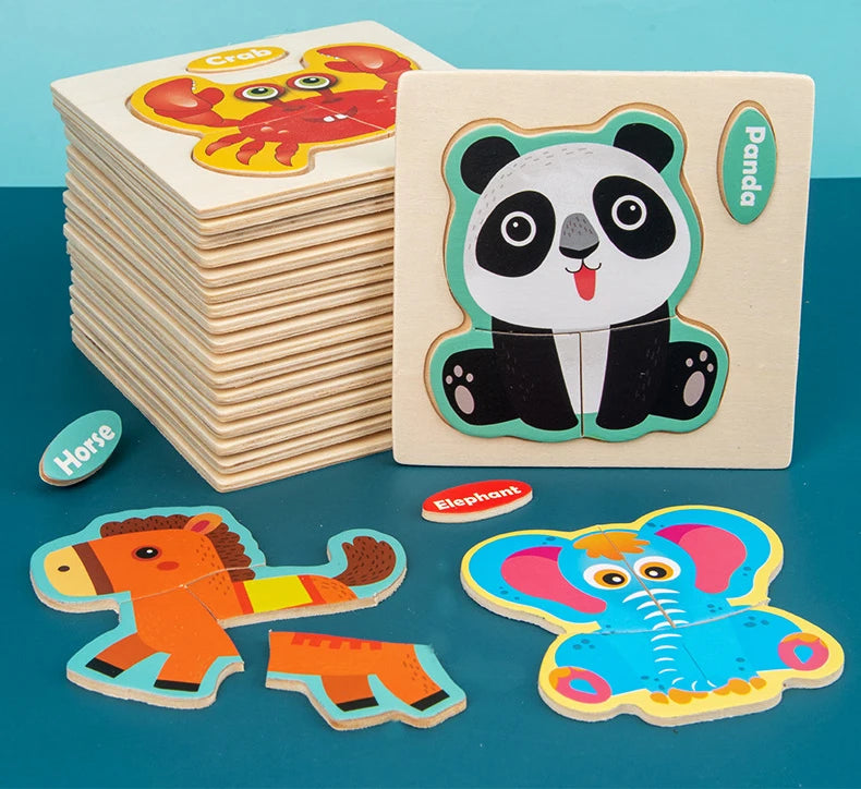 3D Wooden Puzzle Kids Cartoon Animal Traffic Jigsaw Puzzle Montessori Toys for Children Intelligence Early Learning Educational