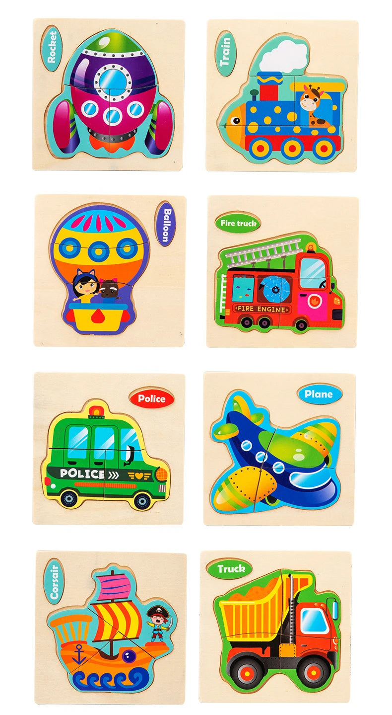 3D Wooden Puzzle Kids Cartoon Animal Traffic Jigsaw Puzzle Montessori Toys for Children Intelligence Early Learning Educational