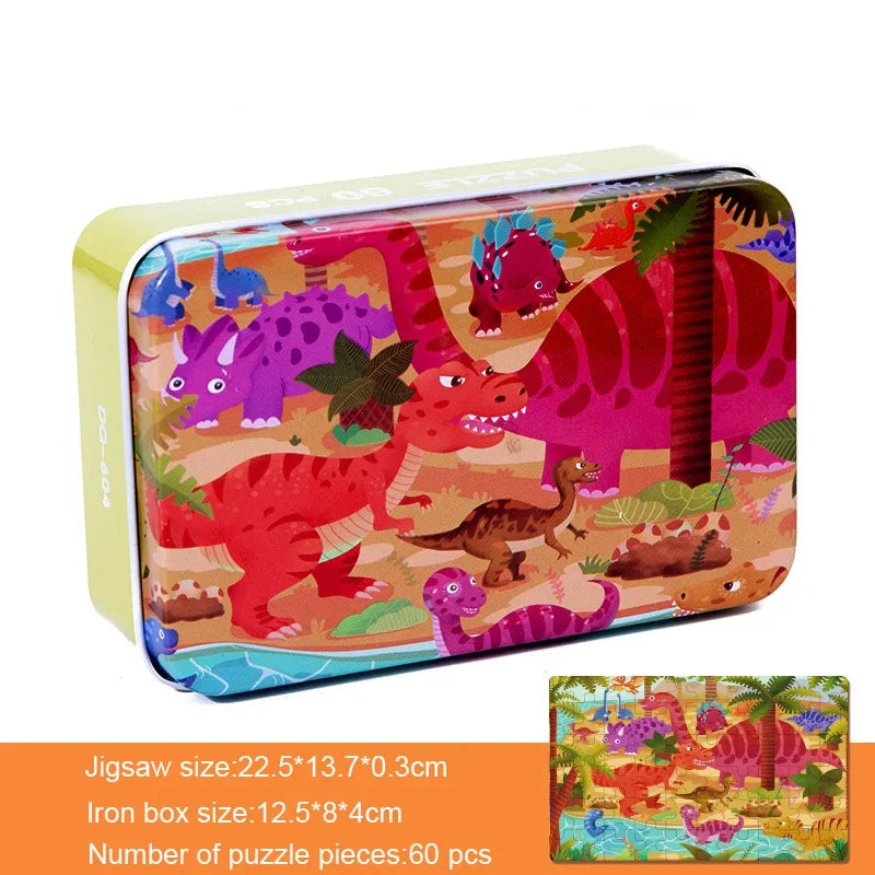 60 Pieces Wooden Puzzle Kids Cartoon Animal/Vehicle Print Jigsaw Puzzle Toy with Iron Box Baby Early Educational Toys Gift