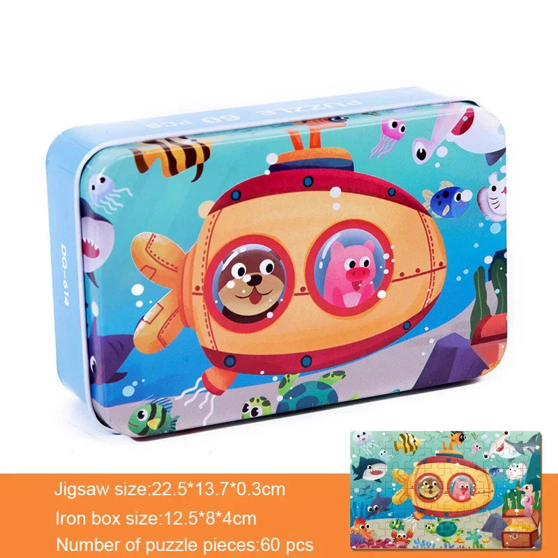 60 Pieces Wooden Puzzle Kids Cartoon Animal/Vehicle Print Jigsaw Puzzle Toy with Iron Box Baby Early Educational Toys Gift