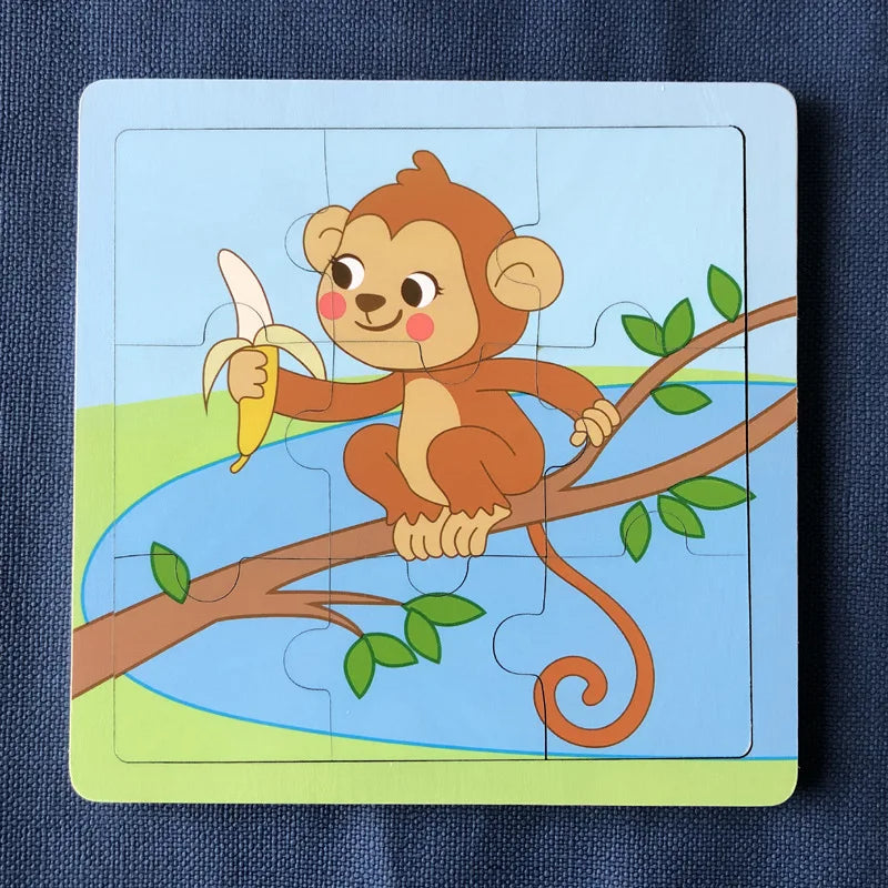 New 9 Piece Wooden Puzzle Toy Educational Cognitive Learning for Toddlers Cartoon Animals Vehicles Toddler Board Kids Gift