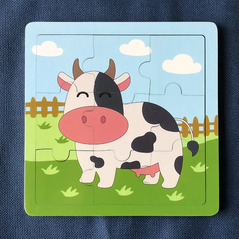 New 9 Piece Wooden Puzzle Toy Educational Cognitive Learning for Toddlers Cartoon Animals Vehicles Toddler Board Kids Gift