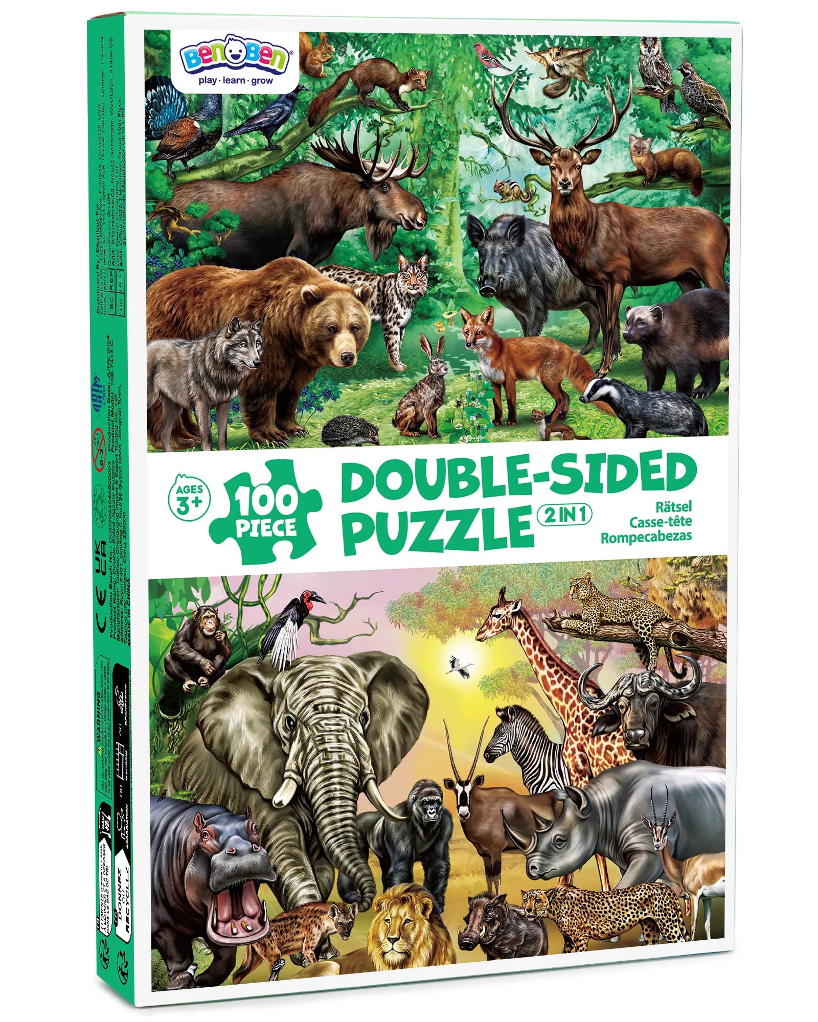 Puzzles for Kids Ages, Double Sided 100 Piece Puzzles, 2 in 1 Puzzle, Wild Animals, Learning Educational Jigsaw Puzzles Toys