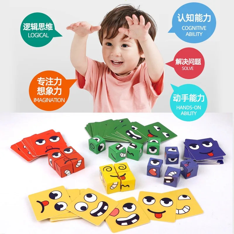 New Children's Facial Expression Changing Puzzle Building Blocks Children's Early Education Montessori Cube Tabletop Game Gifts