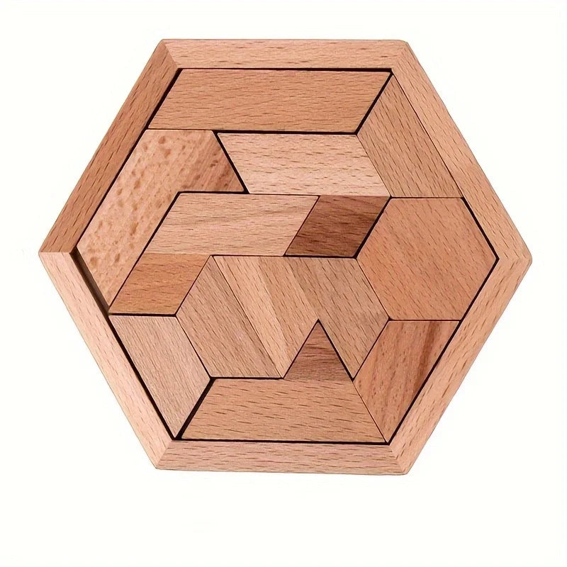 Hexagon Tangram Puzzle, Wooden Puzzle Toys for Children and Adults, Challenging Puzzles Wooden Brain Teasers Puzzle for Adults