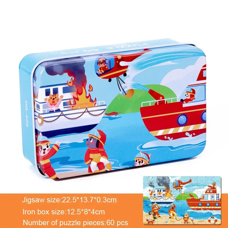 60 Pieces Wooden Puzzle Kids Cartoon Animal/Vehicle Print Jigsaw Puzzle Toy with Iron Box Baby Early Educational Toys Gift