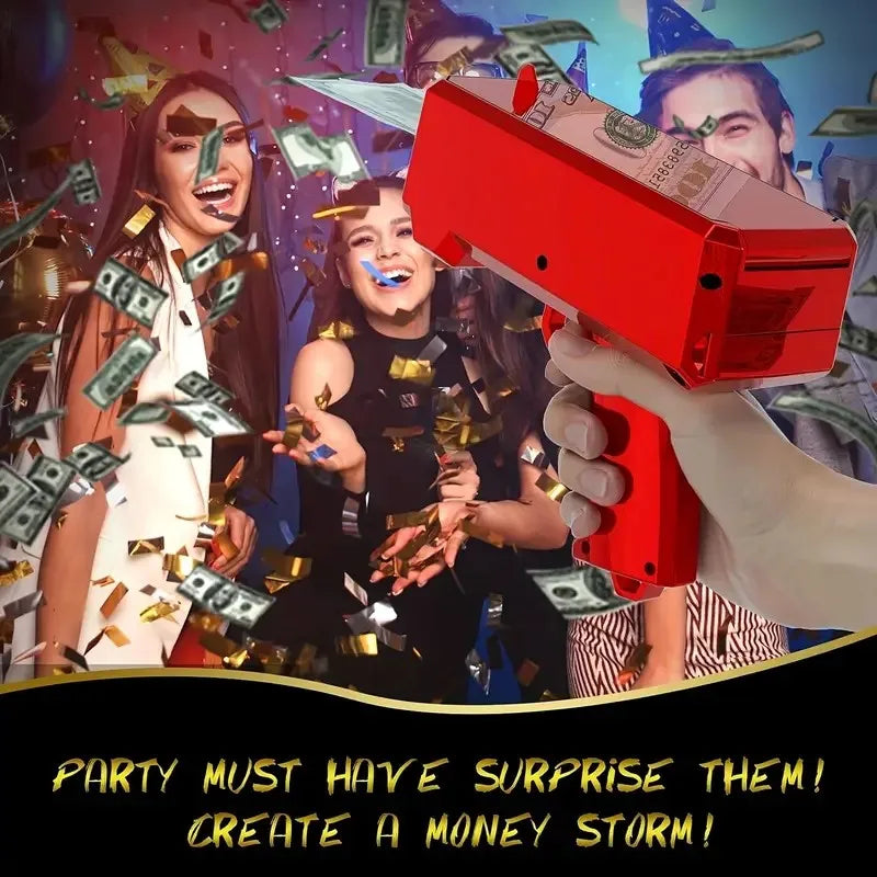 Toy Money Gun with 100 Prop Bills - Spray Machine for Party Entertainment - Requires Batteries (Not Included)