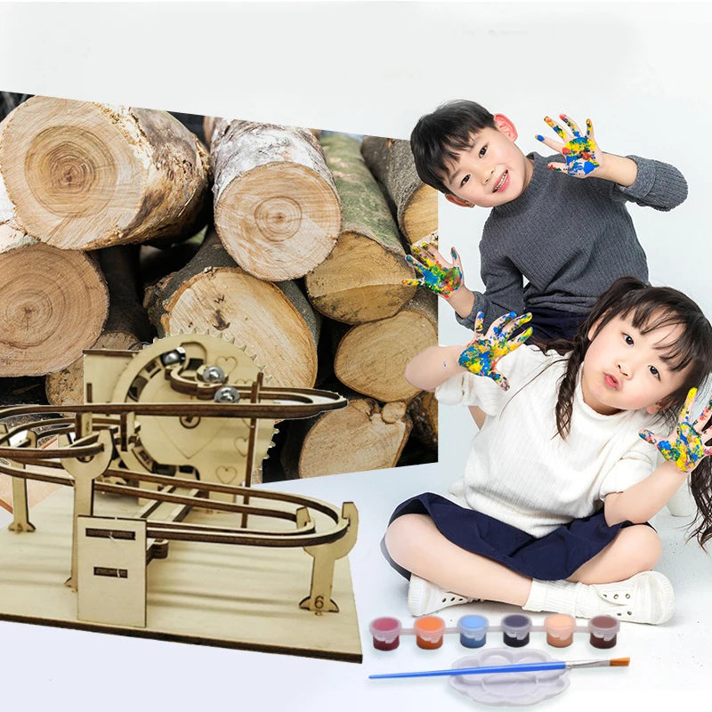 3D Wooden Puzzle Marble Run Set DIY Assembly Building Model Kit STEAM Engine Educational Toys for Adult Kids Birthday Gifts