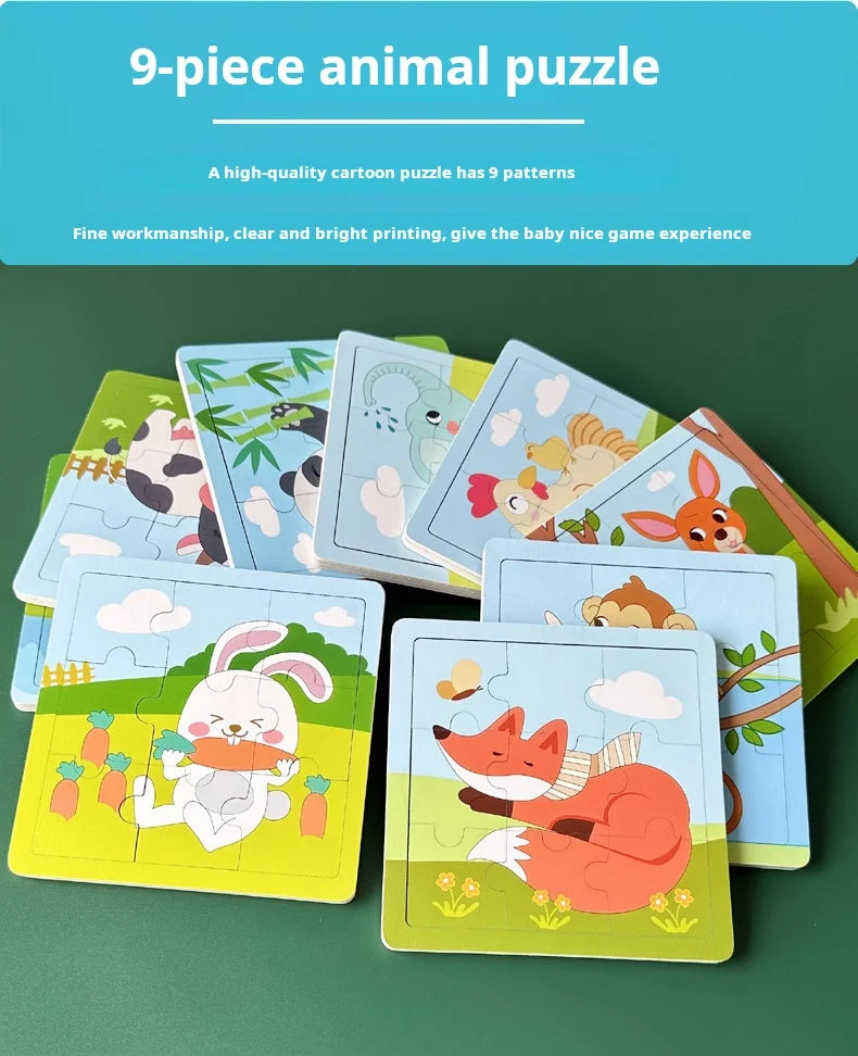 New 9 Piece Wooden Puzzle Toy Educational Cognitive Learning for Toddlers Cartoon Animals Vehicles Toddler Board Kids Gift