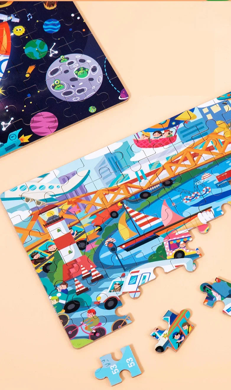 60 Pieces Wooden Puzzle Kids Cartoon Animal/Vehicle Print Jigsaw Puzzle Toy with Iron Box Baby Early Educational Toys Gift