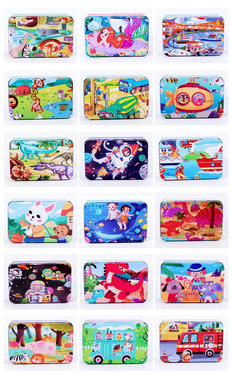 60 Pieces Wooden Puzzle Kids Cartoon Animal/Vehicle Print Jigsaw Puzzle Toy with Iron Box Baby Early Educational Toys Gift