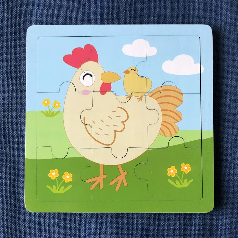 New 9 Piece Wooden Puzzle Toy Educational Cognitive Learning for Toddlers Cartoon Animals Vehicles Toddler Board Kids Gift