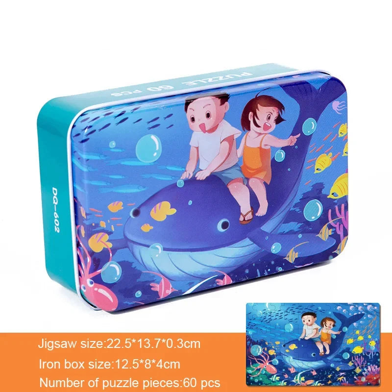 60 Pieces Wooden Puzzle Kids Cartoon Animal/Vehicle Print Jigsaw Puzzle Toy with Iron Box Baby Early Educational Toys Gift