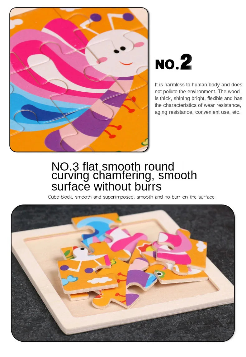 11cm/4.33in Wooden Jigsaw Puzzle Cartoon Animal Traffic Car Wood Puzzles for Kids Montessori Games Children Educational Toys