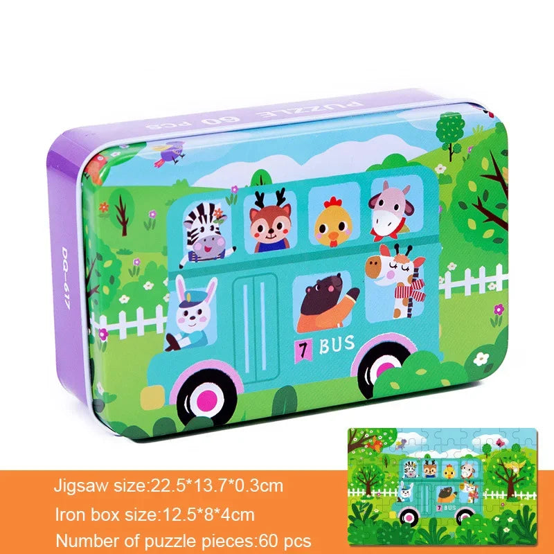 60 Pieces Wooden Puzzle Kids Cartoon Animal/Vehicle Print Jigsaw Puzzle Toy with Iron Box Baby Early Educational Toys Gift