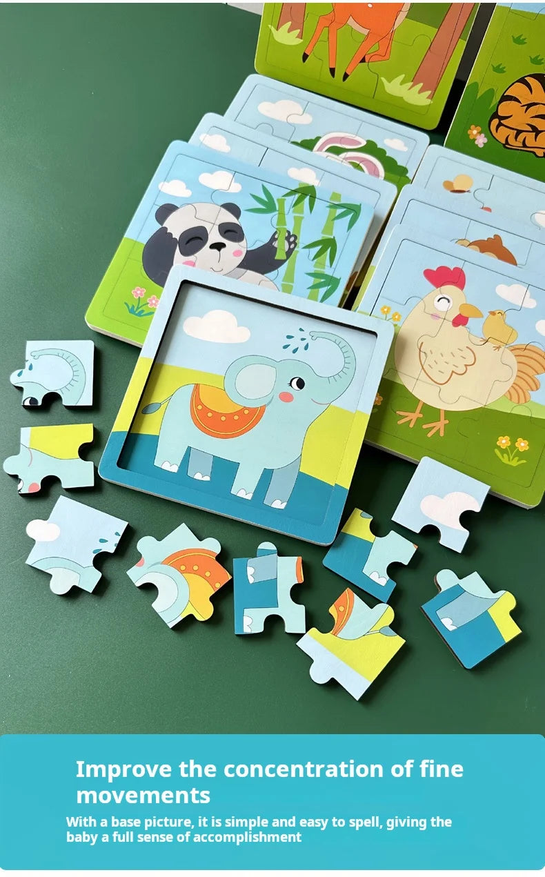 New 9 Piece Wooden Puzzle Toy Educational Cognitive Learning for Toddlers Cartoon Animals Vehicles Toddler Board Kids Gift