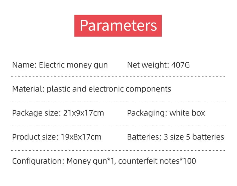 Automatic Electric Money Gun, Battery Powered Cash Shooter Toy with 100PCS Fake Bills for Party Wedding Celebration