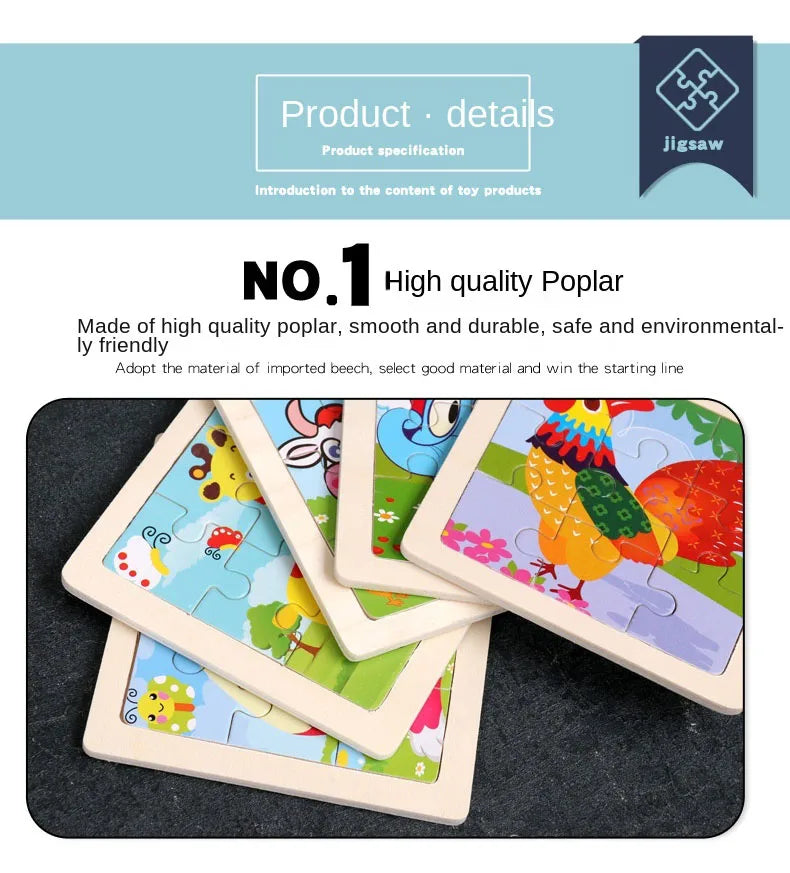 11cm/4.33in Wooden Jigsaw Puzzle Cartoon Animal Traffic Car Wood Puzzles for Kids Montessori Games Children Educational Toys