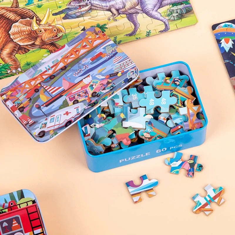 60 Pieces Wooden Puzzle Kids Cartoon Animal/Vehicle Print Jigsaw Puzzle Toy with Iron Box Baby Early Educational Toys Gift