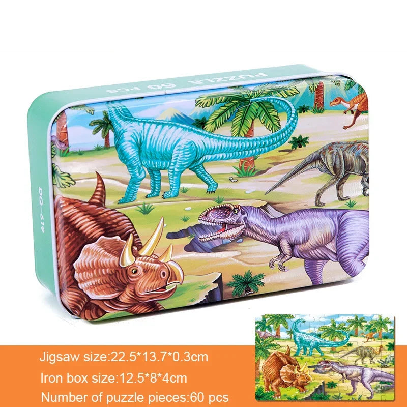 60 Pieces Wooden Puzzle Kids Cartoon Animal/Vehicle Print Jigsaw Puzzle Toy with Iron Box Baby Early Educational Toys Gift