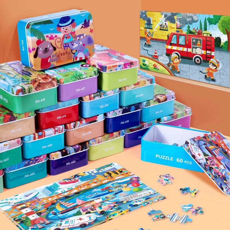 60 Pieces Wooden Puzzle Kids Cartoon Animal/Vehicle Print Jigsaw Puzzle Toy with Iron Box Baby Early Educational Toys Gift