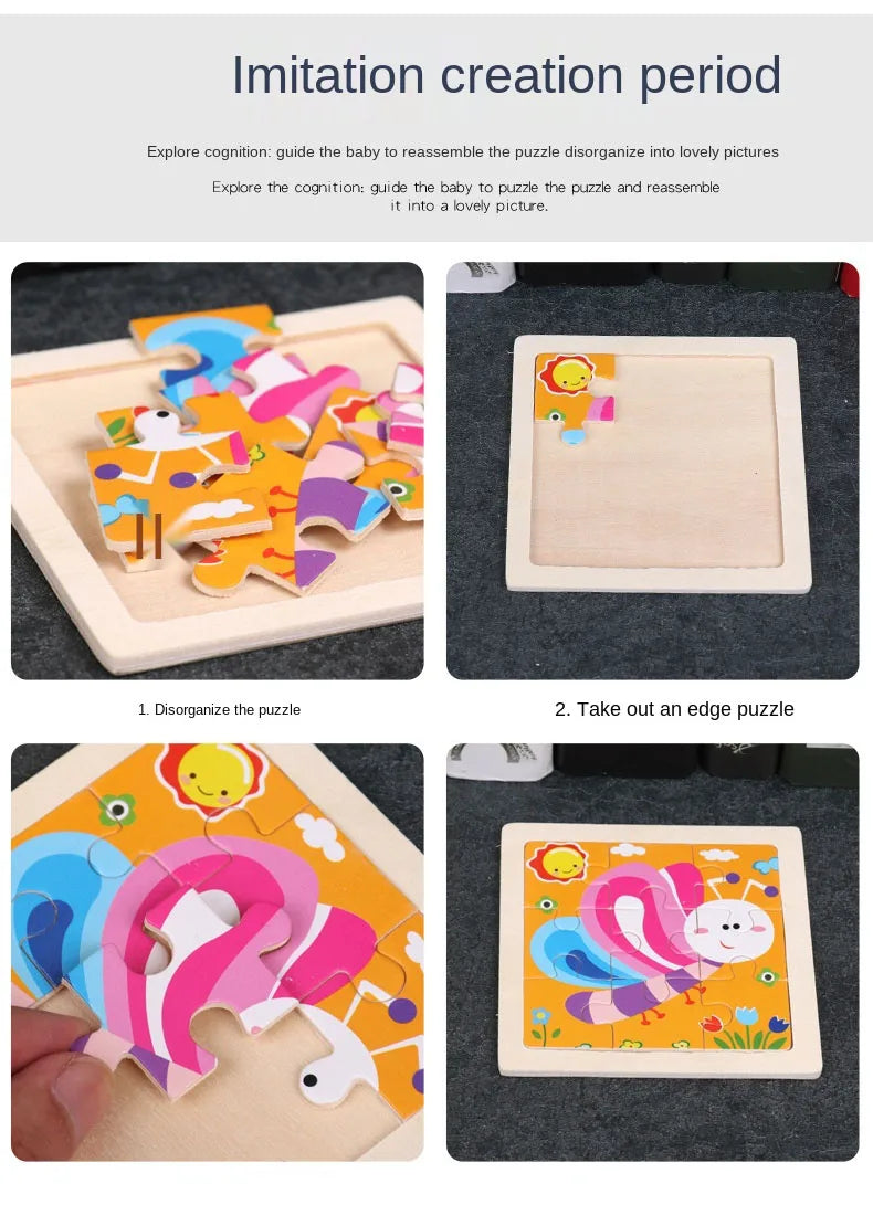 11cm/4.33in Wooden Jigsaw Puzzle Cartoon Animal Traffic Car Wood Puzzles for Kids Montessori Games Children Educational Toys