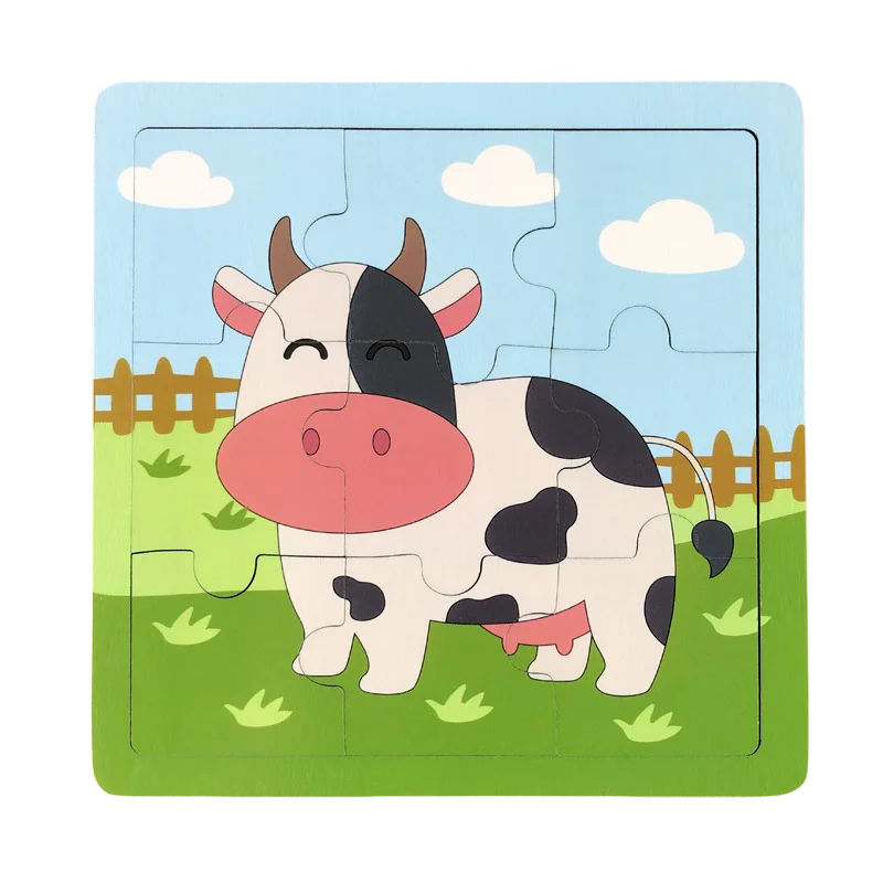 New 9 Piece Wooden Puzzle Toy Educational Cognitive Learning for Toddlers Cartoon Animals Vehicles Toddler Board Kids Gift