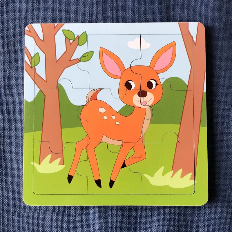 New 9 Piece Wooden Puzzle Toy Educational Cognitive Learning for Toddlers Cartoon Animals Vehicles Toddler Board Kids Gift