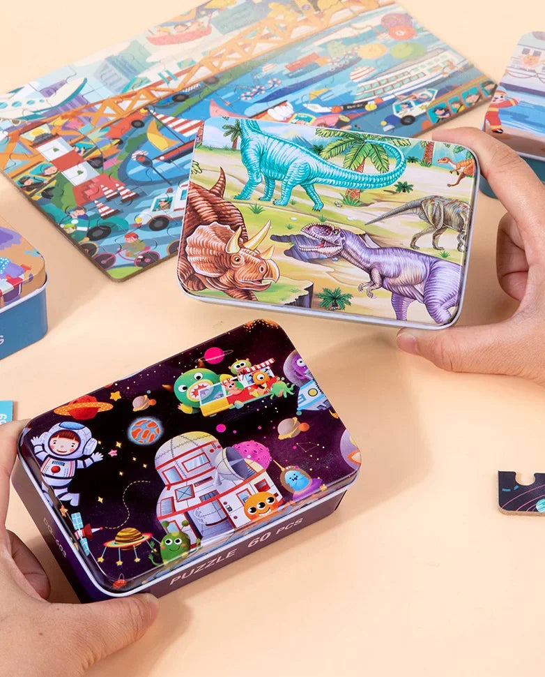 60 Pieces Wooden Puzzle Kids Cartoon Animal/Vehicle Print Jigsaw Puzzle Toy with Iron Box Baby Early Educational Toys Gift