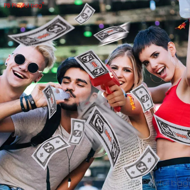 Electric Money Gun Ver.1 with 100pcs Props Money Cash Banknote Spray gun Adult Party Wedding Supplies Children toys AC98