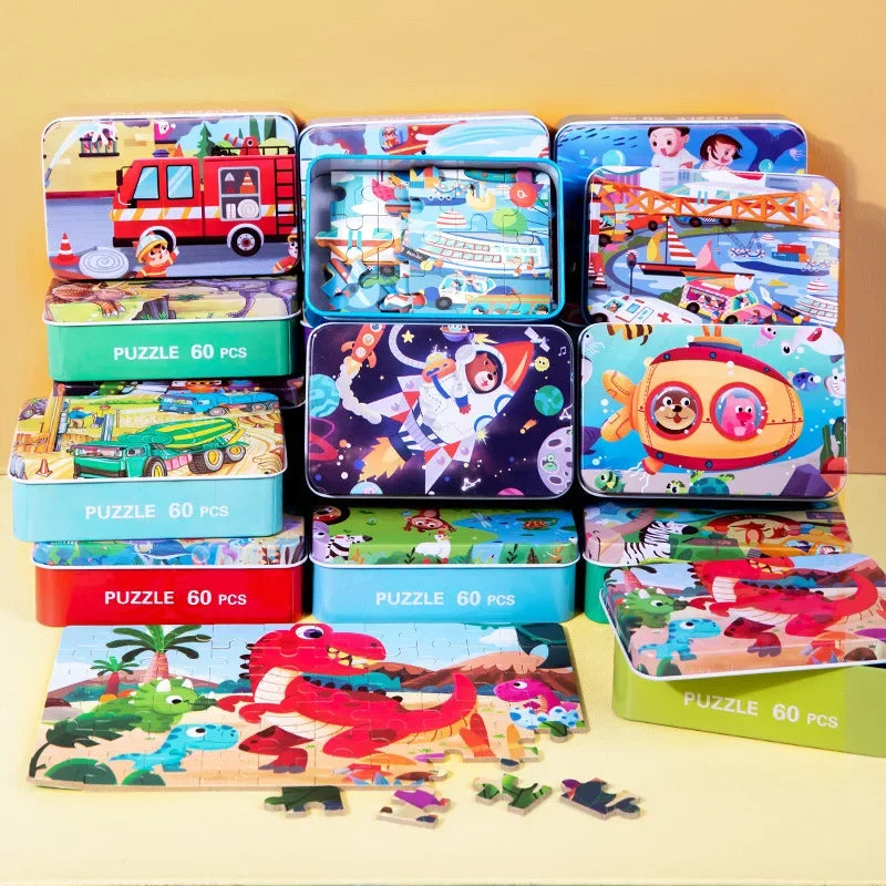 60 Pieces Wooden Puzzle Kids Cartoon Animal/Vehicle Print Jigsaw Puzzle Toy with Iron Box Baby Early Educational Toys Gift