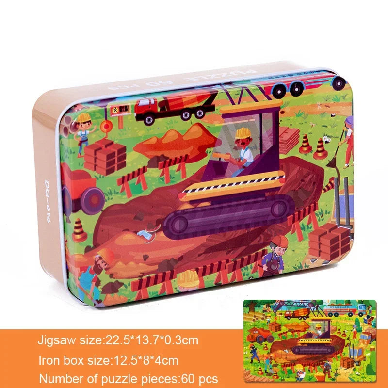 60 Pieces Wooden Puzzle Kids Cartoon Animal/Vehicle Print Jigsaw Puzzle Toy with Iron Box Baby Early Educational Toys Gift