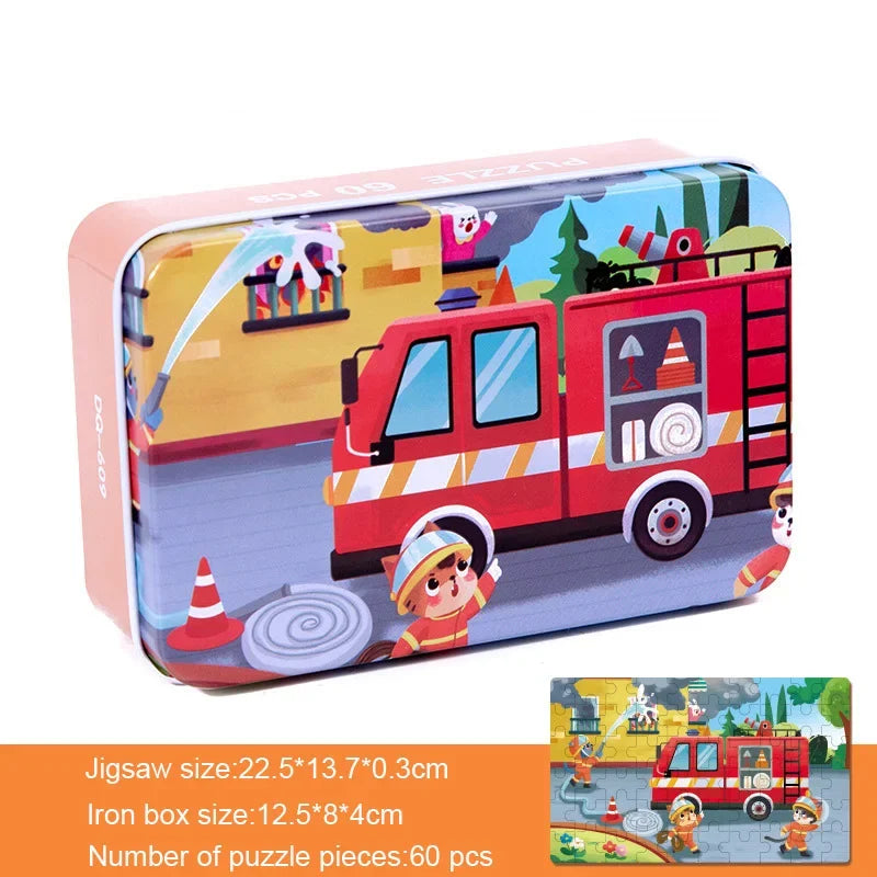 60 Pieces Wooden Puzzle Kids Cartoon Animal/Vehicle Print Jigsaw Puzzle Toy with Iron Box Baby Early Educational Toys Gift