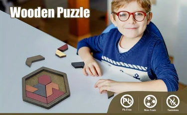 Hexagon Tangram Puzzle, Wooden Puzzle Toys for Children and Adults, Challenging Puzzles Wooden Brain Teasers Puzzle for Adults