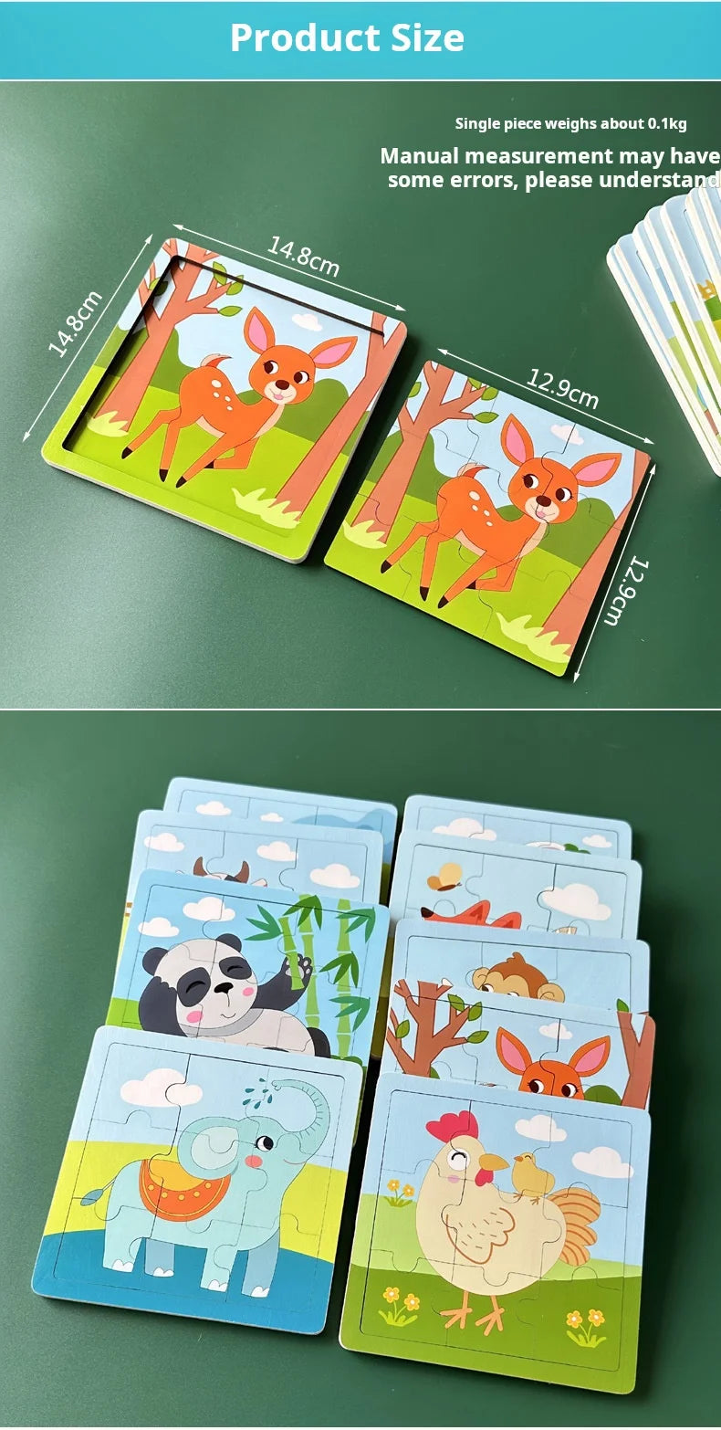 New 9 Piece Wooden Puzzle Toy Educational Cognitive Learning for Toddlers Cartoon Animals Vehicles Toddler Board Kids Gift