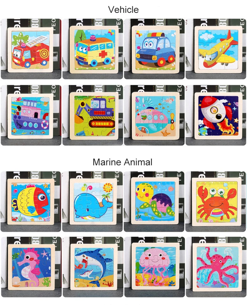11cm/4.33in Wooden Jigsaw Puzzle Cartoon Animal Traffic Car Wood Puzzles for Kids Montessori Games Children Educational Toys