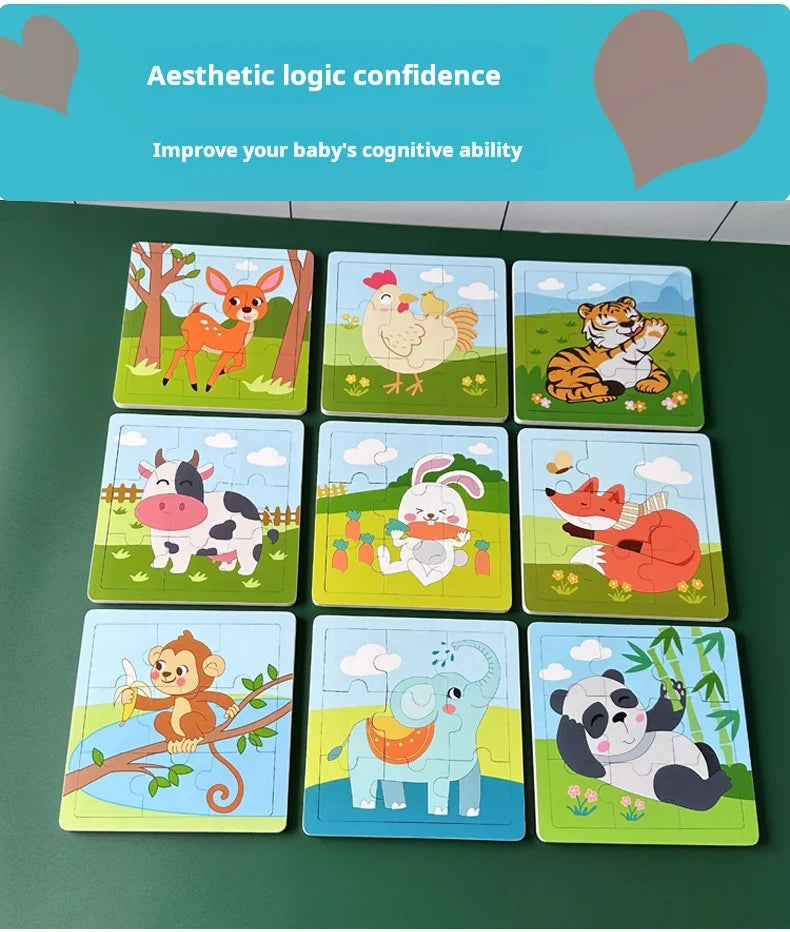 New 9 Piece Wooden Puzzle Toy Educational Cognitive Learning for Toddlers Cartoon Animals Vehicles Toddler Board Kids Gift