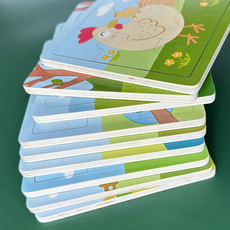 New 9 Piece Wooden Puzzle Toy Educational Cognitive Learning for Toddlers Cartoon Animals Vehicles Toddler Board Kids Gift