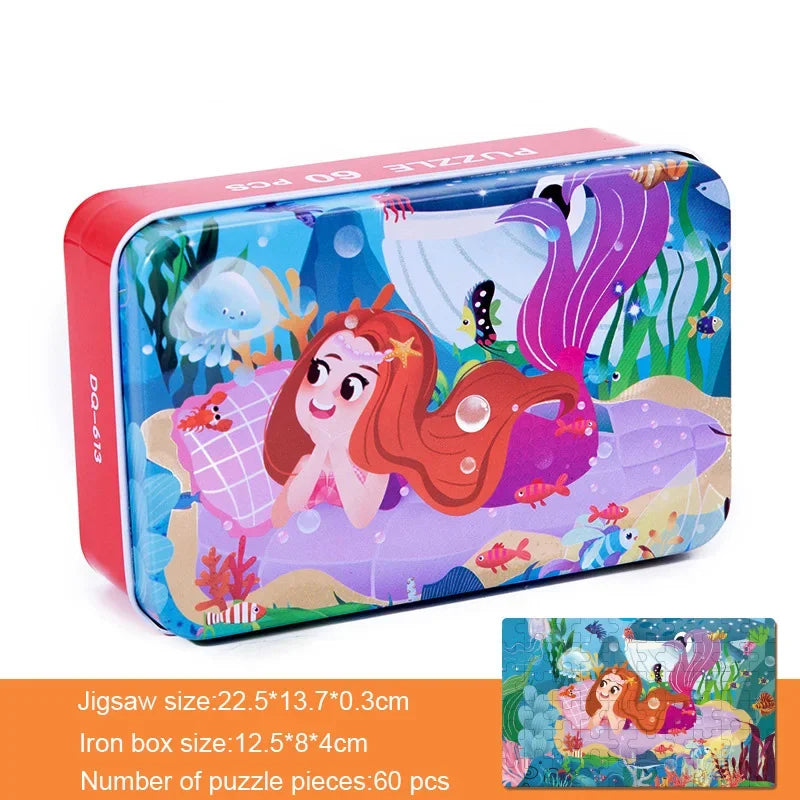 60 Pieces Wooden Puzzle Kids Cartoon Animal/Vehicle Print Jigsaw Puzzle Toy with Iron Box Baby Early Educational Toys Gift