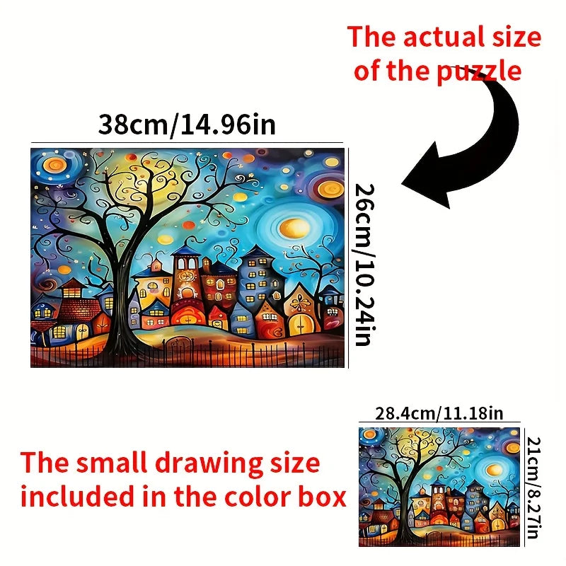 Mini 1000 Pieces Jigsaw Puzzle for Adults Cartoon Town Environmentally Friendly Paper Christmas Gift 14.96x10.24 inches/38x26 cm