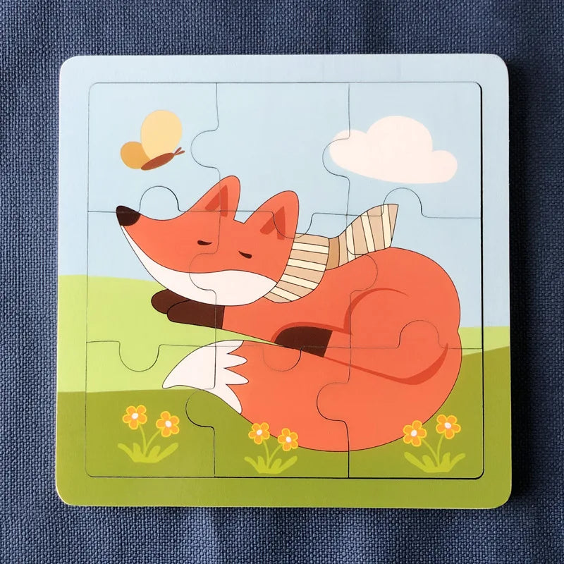 New 9 Piece Wooden Puzzle Toy Educational Cognitive Learning for Toddlers Cartoon Animals Vehicles Toddler Board Kids Gift