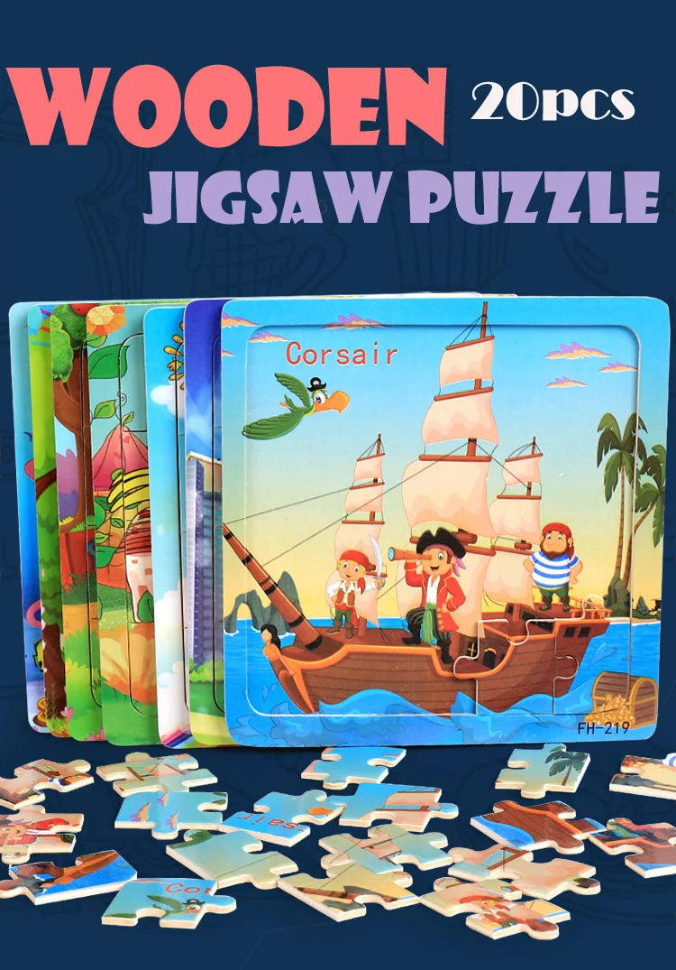 New 20 Piece Wooden 3d Puzzle Cartoon Animal Vehicle Jigsaw Puzzle Montessori Educational Toys For Kids 3-6 Years Old