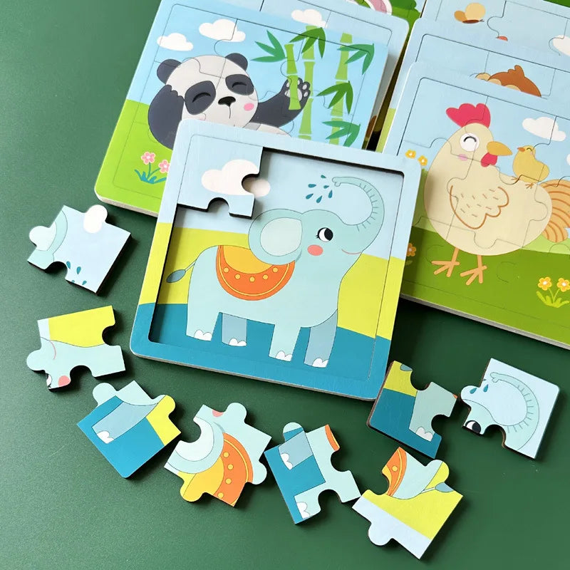 New 9 Piece Wooden Puzzle Toy Educational Cognitive Learning for Toddlers Cartoon Animals Vehicles Toddler Board Kids Gift
