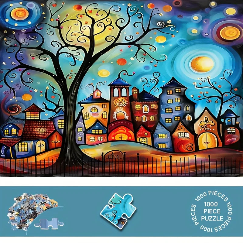 Mini 1000 Pieces Jigsaw Puzzle for Adults Cartoon Town Environmentally Friendly Paper Christmas Gift 14.96x10.24 inches/38x26 cm